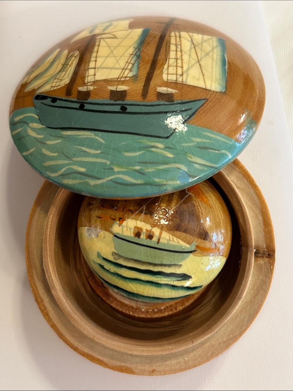 Artisan Teal & Tan Hand-Painted Nautical Stackable Trinket Boxes